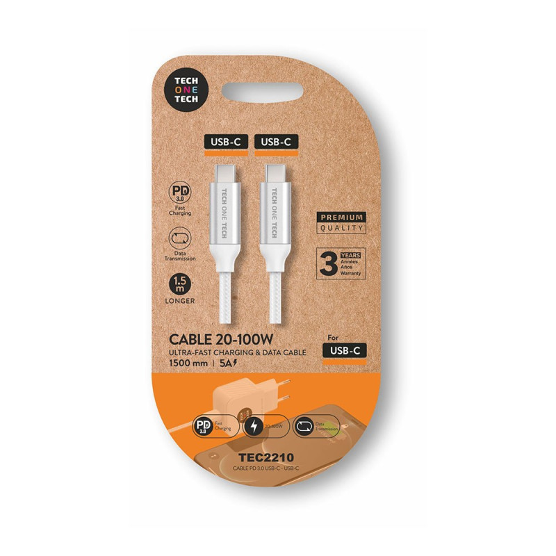Cable usb-c a usb-c 20-100 w 5 a, blanco, 1,5 m