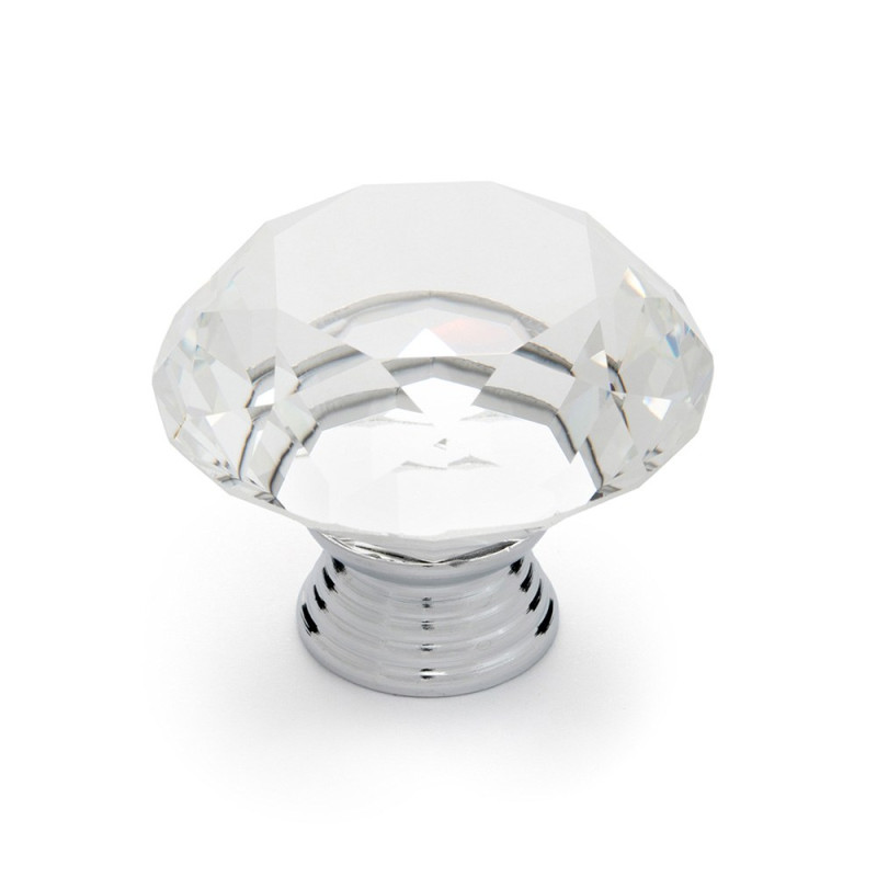 Pomo para mueble, modelo 964, de zamak y cristal con cromo brillo y transparente, ø40 mm, blíster 4 uds