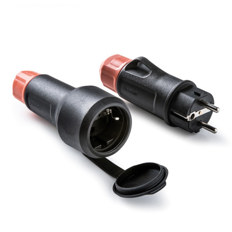 Base móvil con tapa de goma y clavija schuko 2p+t 16a 250 v, ip54, negra, máx. 1,5 x 2,5 mm², blister