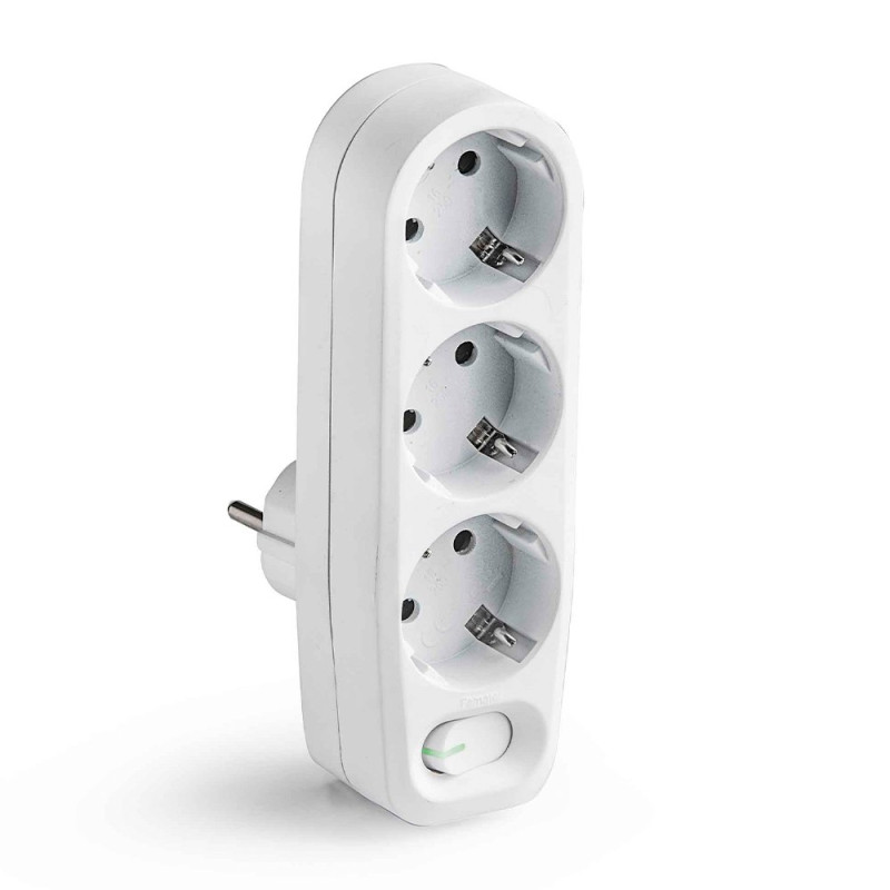 Adaptador 3 tomas 2p+t schuko con interruptor ip20 blanco, blister