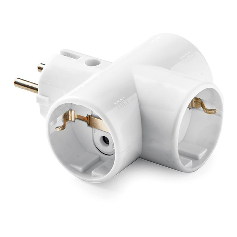 Adaptador triple schuko 2p+t, 16a 250 v, portacontactos en cerámica, reforzado, blanco