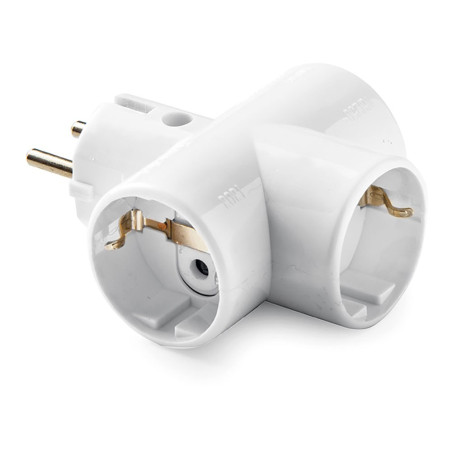 Adaptador triple schuko 2p+t, 16a 250 v, portacontactos en cerámica, reforzado, blanco