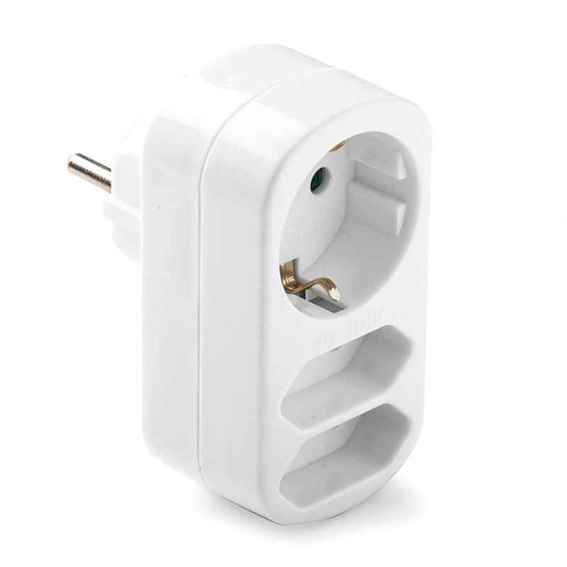 Adaptador triple mixto: 2 x 2p 10a y schuko 2p+t 16a 250 v, blanco