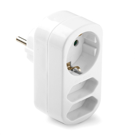 Adaptador triple mixto: 2 x 2p 10a y schuko 2p+t 16a 250 v, blanco