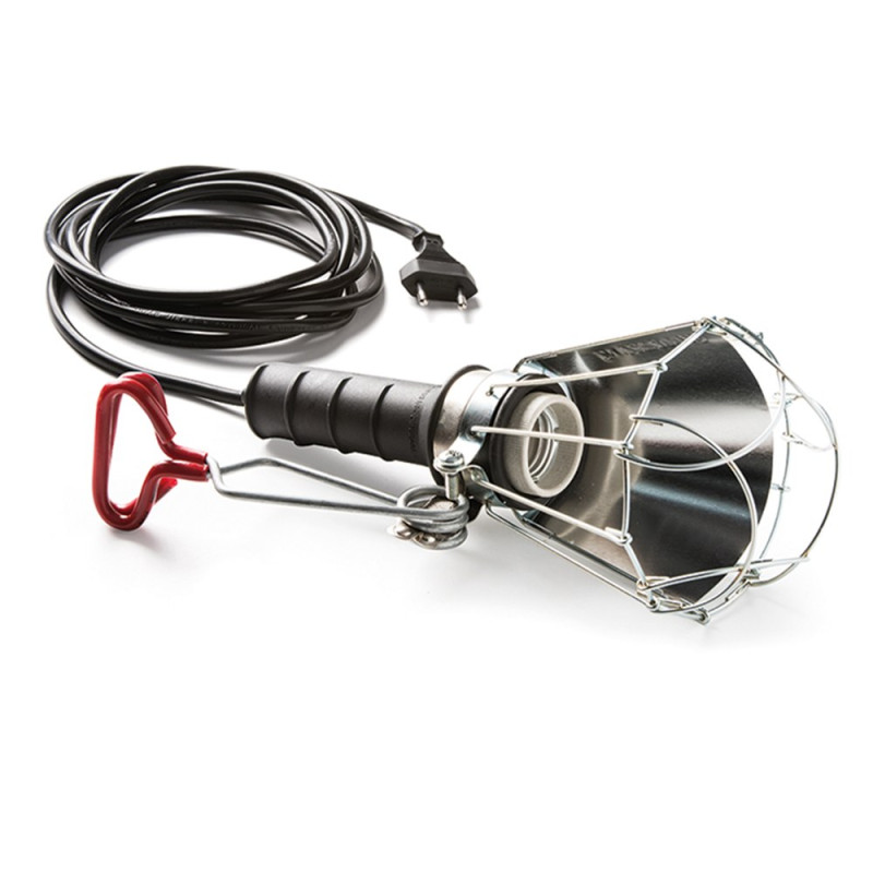 Lámpara portátil con pantalla 100 w 250 v e27, mango de goma negro, cable 5 m y pinza