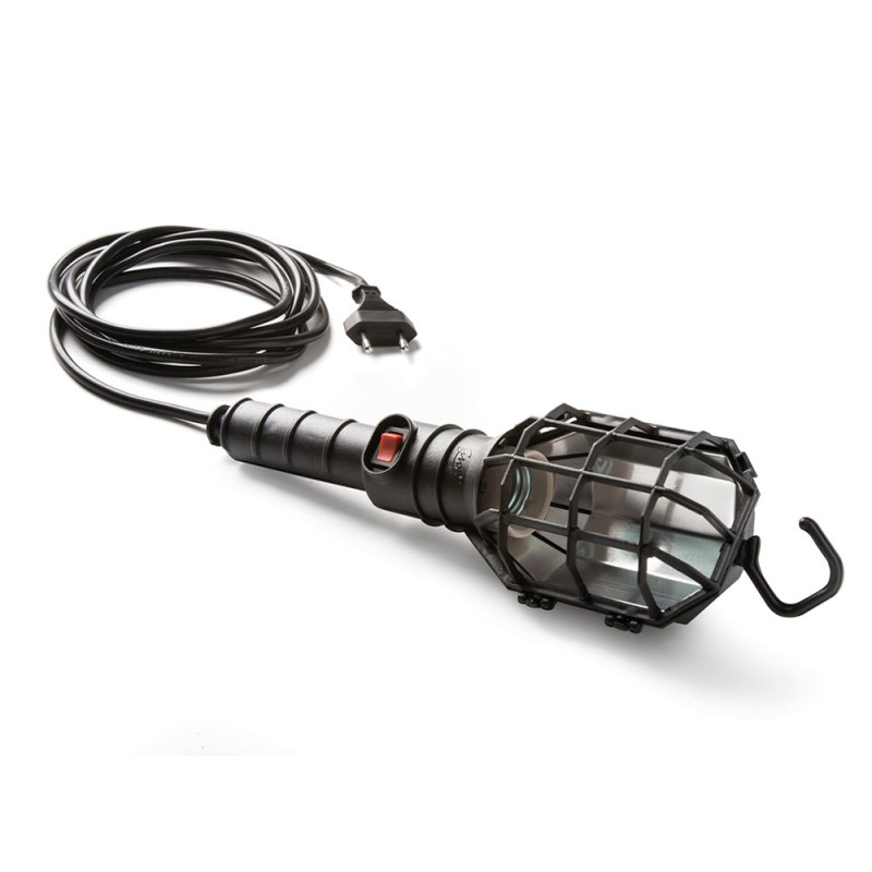Lámpara portátil con pantalla 60 w 250 v e27, mango de goma negro, cable 5 m, interruptor y gancho