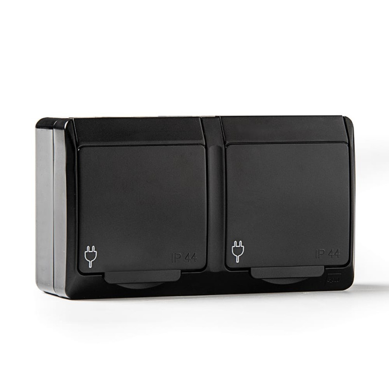 Base doble t/tl estanca, ip44 16 a 250 v, negro, blíster