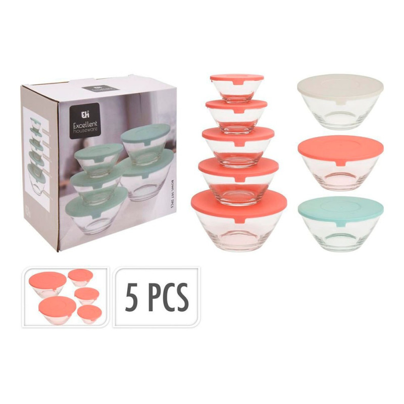 Fiambreras de vidrio tipo bol colores surtidos, 5 piezas