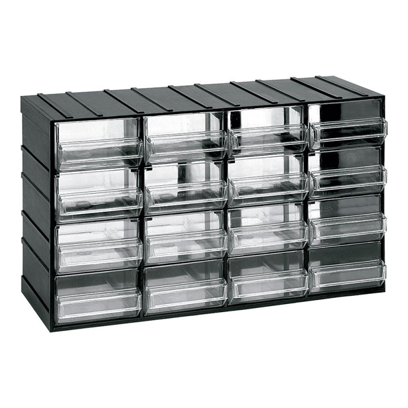 Cajonera modular con 16 cajones transparentes, 382 x 148 x 230 mm