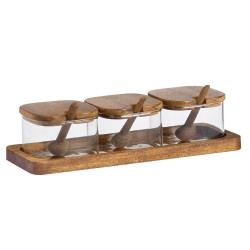 Azucarero de vidrio y madera de acacia, 3 piezas con bandeja, 27 x 10,5 x 7 cm