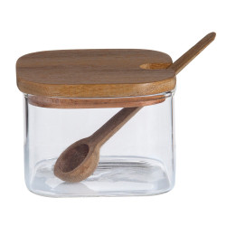 Azucarero de vidrio y madera de acacia, 3 piezas con bandeja, 27 x 10,5 x 7 cm