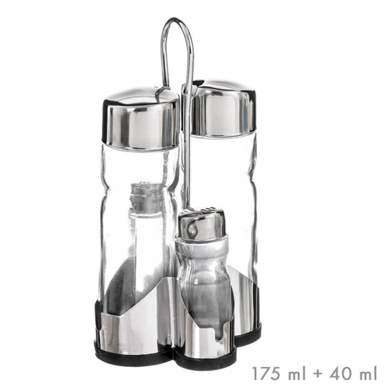Set aceitera, vinagrera, salero y pimentero de cristal + tapón inox