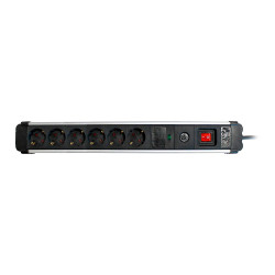 Base múltiple, 6 tomas, schuko 2p+t, 16a 250v~, 1,5 m cable, c/interruptor y prot. sobretensiones, aluminio