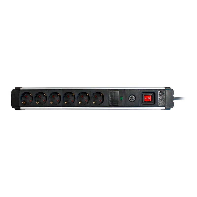 Base múltiple, 6 tomas, schuko 2p+t, 16a 250v~, 1,5 m cable, c/interruptor y prot. sobretensiones, aluminio