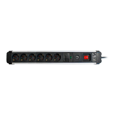 Base múltiple, 6 tomas, schuko 2p+t, 16a 250v~, 1,5 m cable, c/interruptor y prot. sobretensiones, aluminio