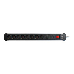 Base múltiple, 8 tomas, schuko 2p+t, 16 a 250 v~, 1,5 m cable, c/interruptor y prot. sobretensiones, aluminio
