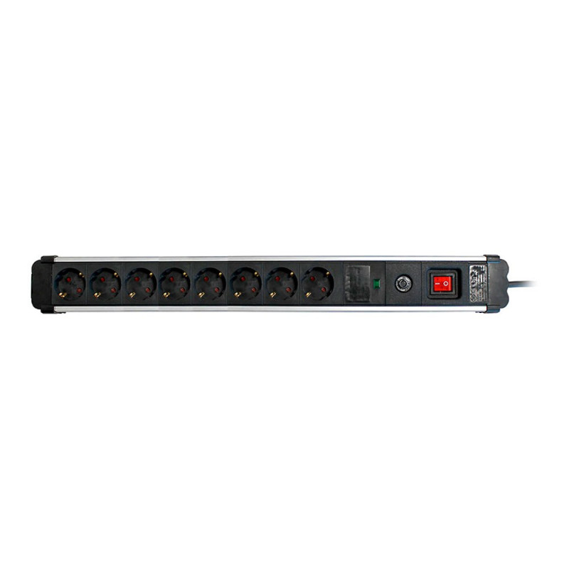 Base múltiple, 8 tomas, schuko 2p+t, 16 a 250 v~, 1,5 m cable, c/interruptor y prot. sobretensiones, aluminio