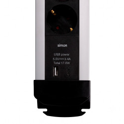 Base múltiple, 6 tomas, schuko 2p+t, 2 usb a+c, 16 a 250 v~,1,5 m cable, c/interruptor y prot.sobretensiones, aluminio