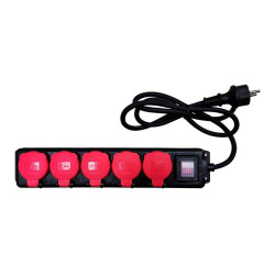 Base múltiple, 5 tomas, schuko 2p+t, con tapa, 16 a 25 0v~, ip44, 1,4 m cable, c/interruptor, negra y roja, blister
