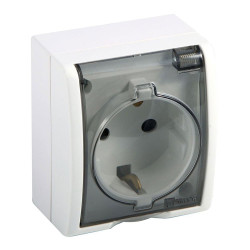 Base superficie, schuko 2p+t, 16a 250v~, ip54, serie aquarius, blanco con tapa transparente, blister