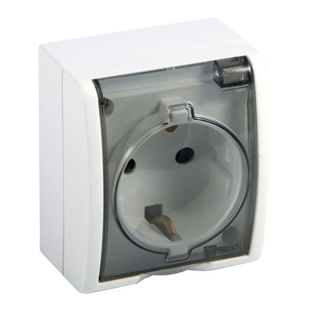 Base superficie, schuko 2p+t, 16a 250v~, ip54, serie aquarius, blanco con tapa transparente, blister
