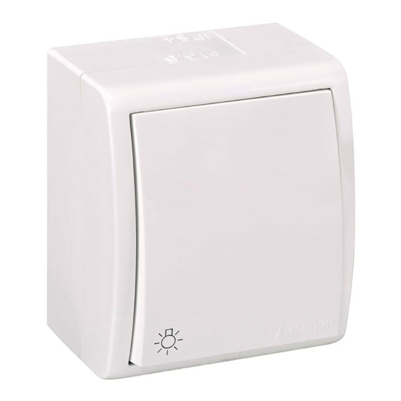Pulsador superficie, 10ax 250v~, ip54, serie aquarius, grabado luz, blanco, blister