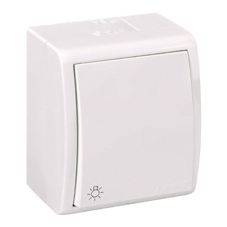 Pulsador superficie, 10ax 250v~, ip54, serie aquarius, grabado luz, blanco, blister