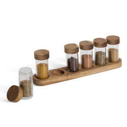 Tarros de vidrio para especias con bandeja de acacia, 34,5 x 6,5 x 11 cm