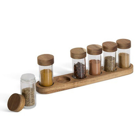 Tarros de vidrio para especias con bandeja de acacia, 34,5 x 6,5 x 11 cm