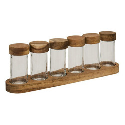 Tarros de vidrio para especias con bandeja de acacia, 34,5 x 6,5 x 11 cm