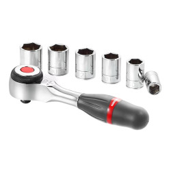 Llave de carraca de ¼ pulg con mango giratorio y vasos, juego de 7 piezas