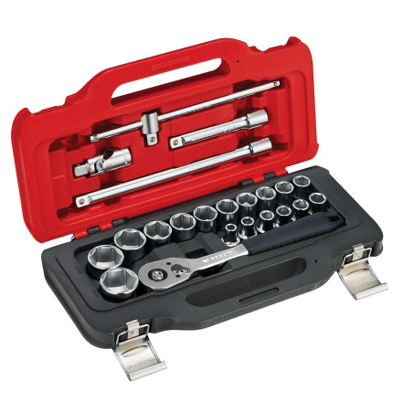 Llave de carraca, vasos y accesorios de ½ pulg, juego 22 piezas