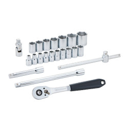 Llave de carraca, vasos y accesorios de ½ pulg, juego 22 piezas