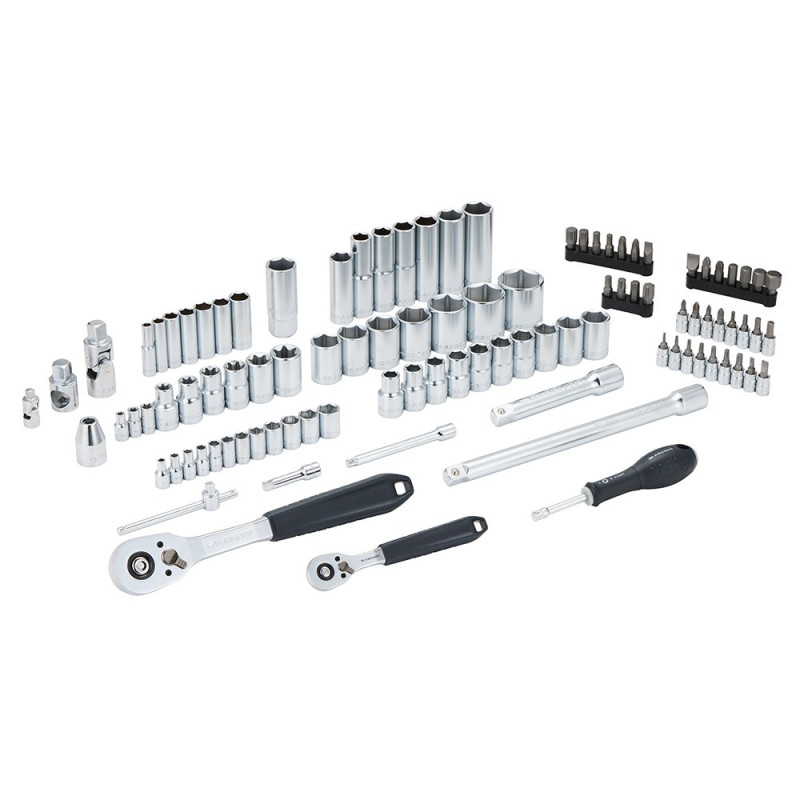 Llave de carraca, vasos y accesorios de ½ y ¼ pulg, juego 100 piezas
