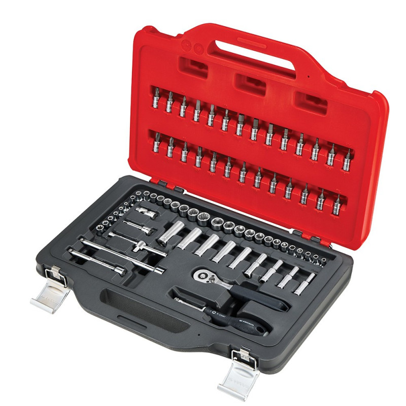 Llave de carraca, vasos y accesorios de ¼ pulg, juego 72 piezas