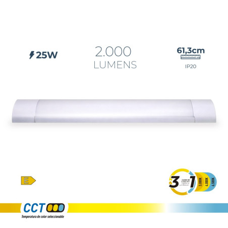 Regleta led 25 w 3cct 2000 lm 61,3 x 12 x 3,1 cm